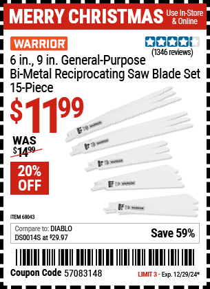 WARRIOR 6 in., 9 in. General Purpose Bi-metal Reciprocating Saw Blade Set, 15 Piece