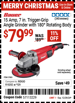 BAUER 15 Amp 7 in. Trigger Grip Angle Grinder with 180° Rotating Body