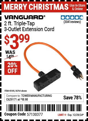 VANGUARD 2 ft. Triple Tap 3 Outlet Extension Cord