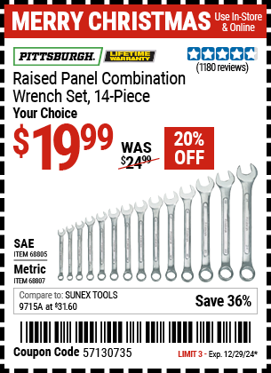 PITTSBURGH Raised Panel SAE Combination Wrench Set, 14 Piece