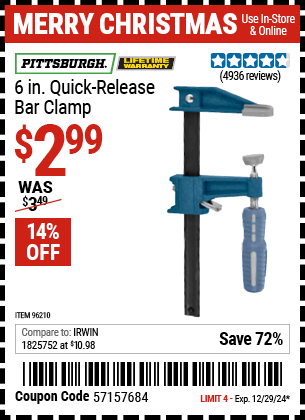 PITTSBURGH 6 in. Quick Release Bar Clamp