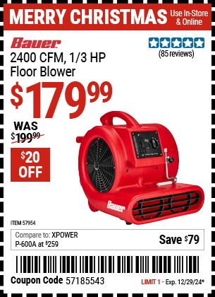 BAUER 2400 CFM, 1/3 HP Floor Blower