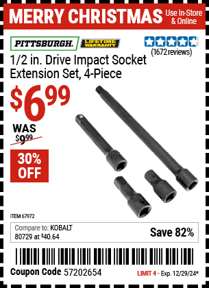 PITTSBURGH 1/2 in. Drive Impact Socket Extension Set, 4 Piece