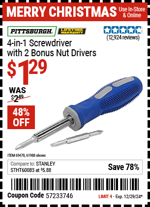 PITTSBURGH 4-in-1 Screwdriver with 2 Bonus Nut Drivers