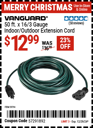 VANGUARD 50 ft. x 16/3 Gauge Indoor/Outdoor Extension Cord, Green