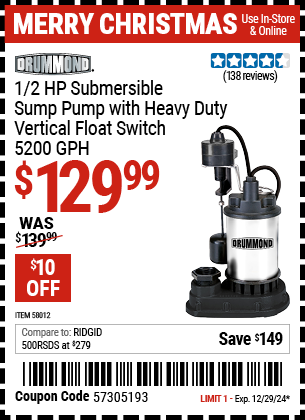 DRUMMOND 1/2 HP Submersible Sump Pump with Heavy Duty Vertical Float Switch 5200 GPH