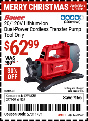 BAUER 20/120V Lithium-Ion Dual-Power Cordless Transfer Pump - Tool Only