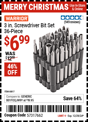 WARRIOR 3 in. Screwdriver Bit Set, 36-Piece