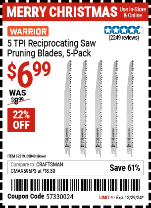 WARRIOR 5 TPI Reciprocating Saw Pruning Blades, 5 Pack