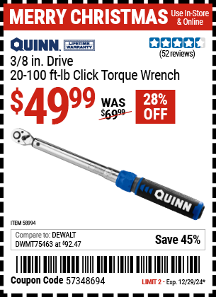 QUINN 3/8 in. Drive 20-100 ft. lb. Click Torque Wrench