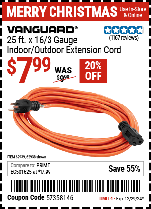 VANGUARD 25 ft. x 16/3 Gauge Indoor/Outdoor Extension Cord