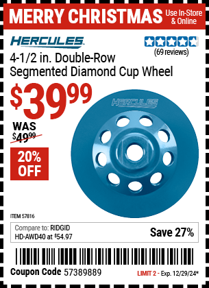 HERCULES 4-1/2 in. Double-Row Segmented Diamond Cup Wheel