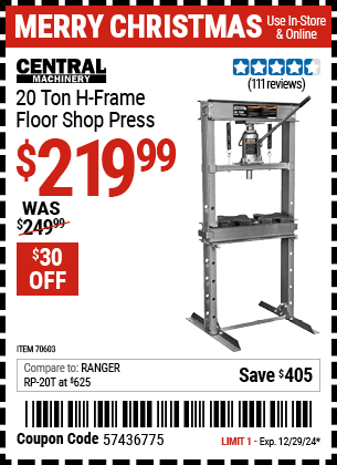 CENTRAL MACHINERY 20 Ton H-Frame Floor Shop Press