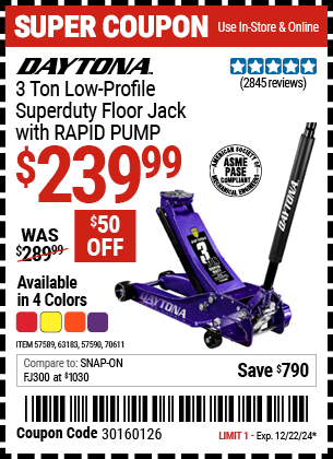 DAYTONA 3 Ton Low-Profile Superduty Floor Jack with RAPID PUMP