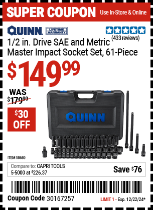 QUINN 1/2 in. Drive SAE and Metric Master Impact Socket Set, 61 Piece