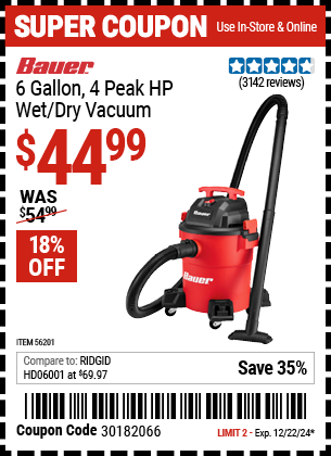 BAUER 6 Gallon, 4 Peak HP Wet/Dry Vacuum