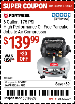 FORTRESS 6 Gallon, 175 PSI High Performance Oil-Free Pancake Jobsite Air Compressor