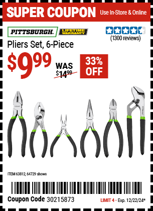 PITTSBURGH Pliers Set, 6-Piece