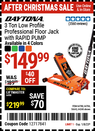 DAYTONA: 3 ton Low Profile Professional Floor Jack with RAPID PUMP