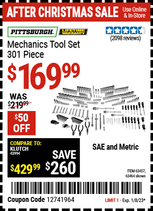 PITTSBURGH: Mechanics Tool Set, 301 Piece