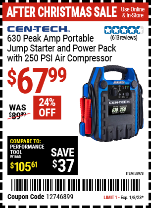 CEN-TECH: 630 Peak Amp Portable Jump Starter and Power Pack with 250 PSI Air Compressor