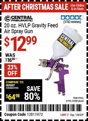 CENTRAL PNEUMATIC: 20 oz. HVLP Gravity Feed Air Spray Gun