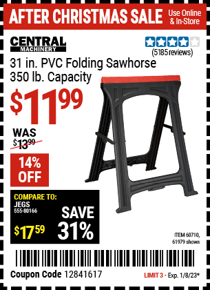 CENTRAL MACHINERY: 31 in. PVC Folding Sawhorse, 350 lb. Capacity