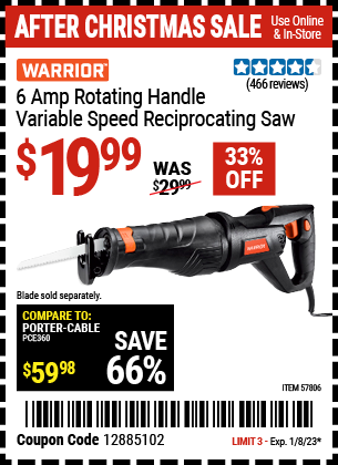 WARRIOR: 6 Amp Rotating Handle Variable Speed Reciprocating Saw