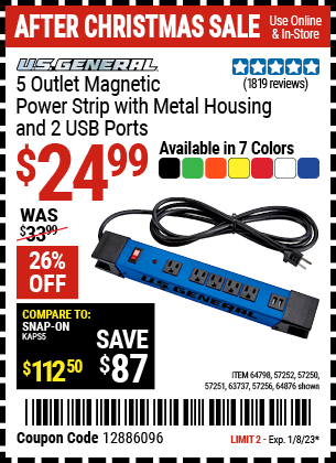 U.S. GENERAL: 5 Outlet Magnetic Power Strip with Metal Housing and 2 USB Ports, Black