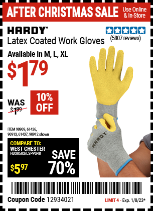 HARDY: Latex Coated Work Gloves, Large