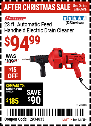 BAUER: 23 ft. Automatic Feed Handheld Electric Drain Cleaner