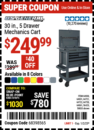 U.S. GENERAL: 30 in. 5 Drawer Mechanics Cart