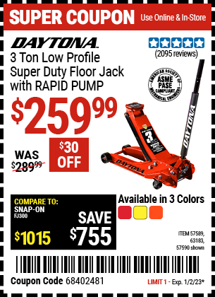 DAYTONA: 3 ton Low Profile Super Duty Floor Jack with RAPID PUMP, Candy Apple Metallic Red