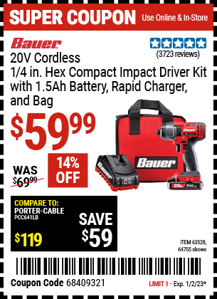 BAUER: 20V Cordless 1/4 in. Hex Compact Impact Driver Kit with 1.5Ah Battery, Rapid Charger, and Bag