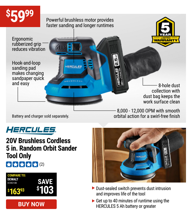 HERCULES: 20V Brushless Cordless 5 in. Random Orbit Sander - Tool Only