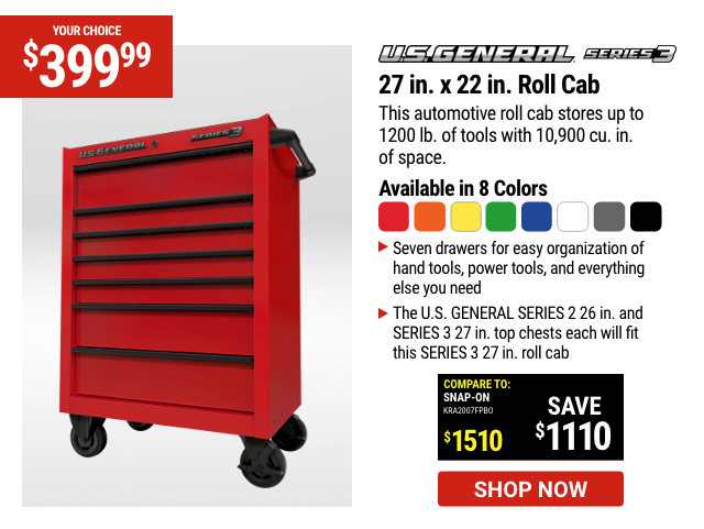 U.S. GENERAL: 27 in. x 22 in. Roll Cab, Series 3, Red
