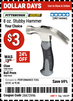 PITTSBURGH 8 oz. Stubby Claw Hammer