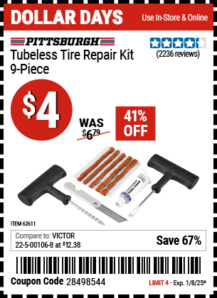 PITTSBURGH AUTOMOTIVE Tubeless Tire Repair Kit, 9-Piece