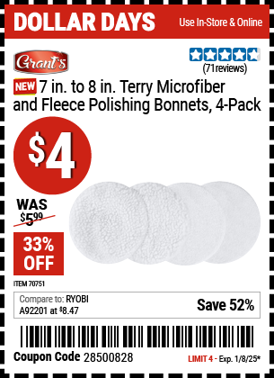 GRANT'S 7 in. to 8 in. Terry Microfiber and Fleece Polishing Bonnets, 4-Pack