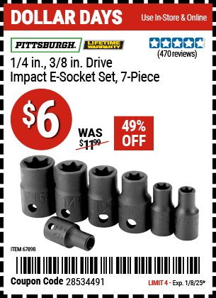 PITTSBURGH 1/4 in., 3/8 in. Drive Impact E-Socket Set, 7-Piece