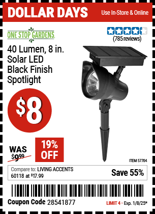 ONE STOP GARDENS 40 Lumen, 8 in. Solar LED Black Finish Spotlight