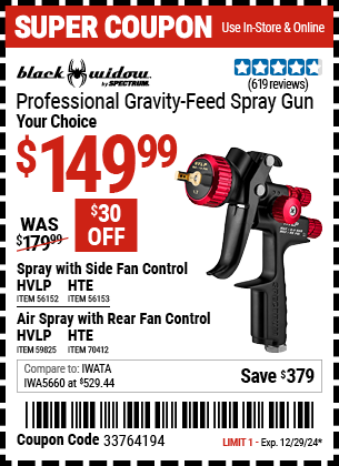 BLACK WIDOW BY SPECTRUM Professional Gravity Feed Spray Gun. Your Choice.