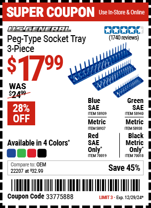 U.S. GENERAL Peg-Type Metric Socket Tray, 3 Piece