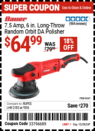 BAUER 7.5 Amp, 6 in. Long-Throw Random Orbit DA Polisher