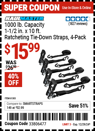 HAUL-MASTER 1000 lb. Capacity 1-1/2 in. x 10 ft. Ratcheting Tie Down Straps, 4 Pack