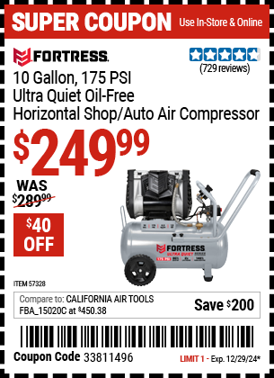 FORTRESS 10 Gallon, 175 PSI Ultra Quiet Oil-Free Horizontal Shop/Auto Air Compressor