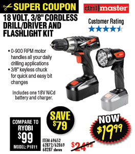 18 Volt 3/8 in. Cordless Drill/Driver And Flashlight
Kit