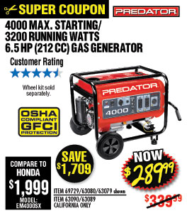 4000 Max Starting/3200 Running Watts, 6.5 HP (212cc)
Generator EPA III with GFCI Outlet Protection