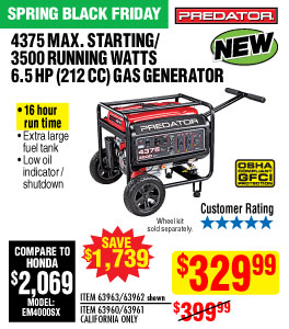 View 4375 Max Starting/3500 Running Watts, 6.5 HP  (212cc) Generator CARB  with GFCI Outlet Protection