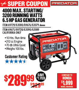 4000 Max Starting/3200 Running Watts, 6.5 HP (212cc)
Generator EPA III with GFCI Outlet Protection